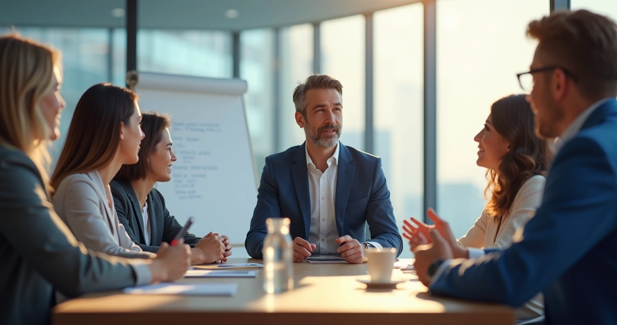 Gestor em reunião com equipe transmitindo calma e foco 