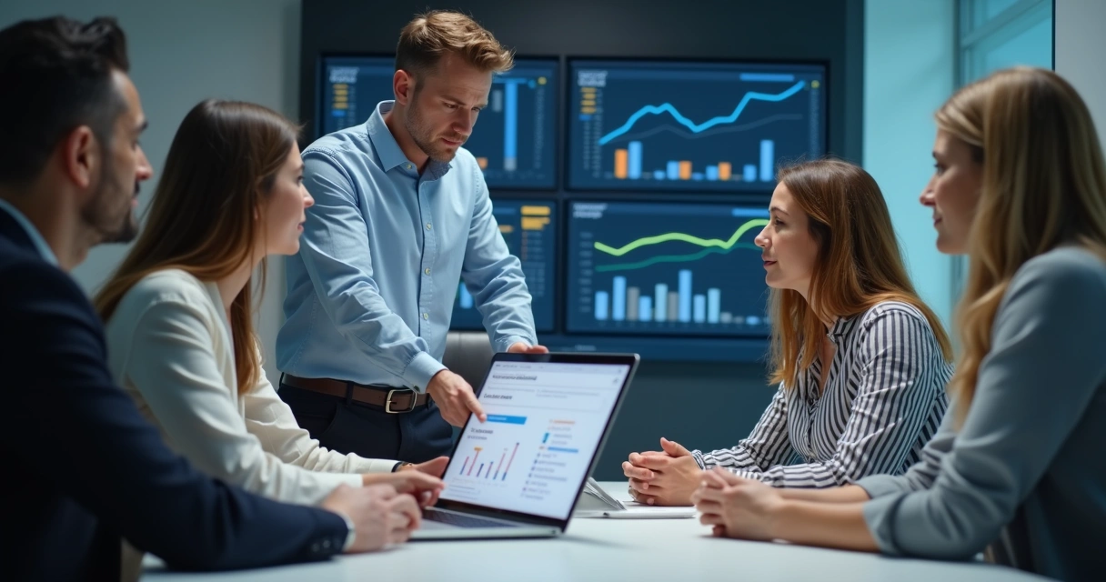 Gestor orientando vendedor durante reunião de vendas presencial 