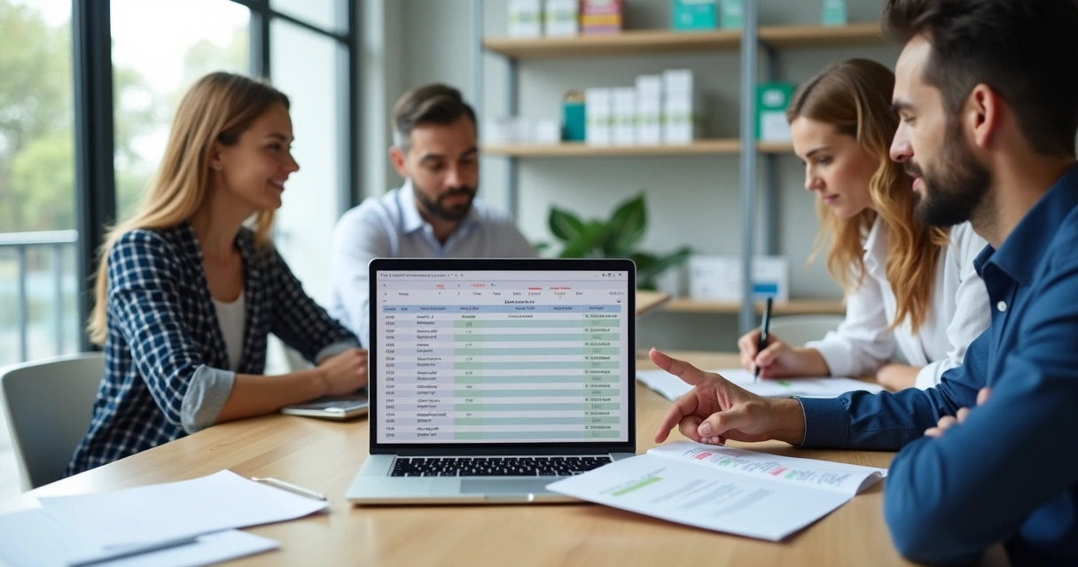 Gestor de farmácia em reunião usando sistema de gestão de compras no computador