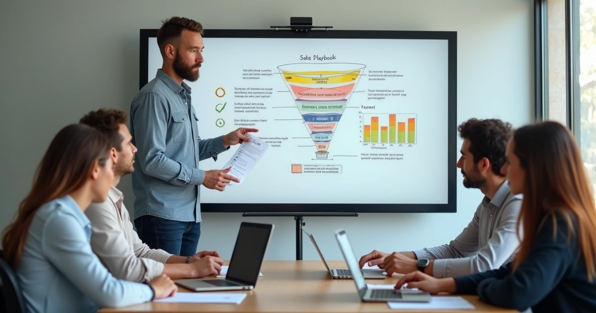 Gestor orienta equipe de vendas em reunião com playbook impresso e tela com funil 