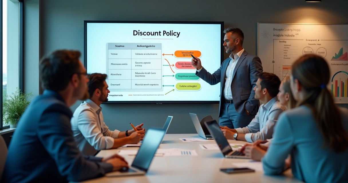 Gestor explicando politica de descontos em reuniao com equipe de vendas 
