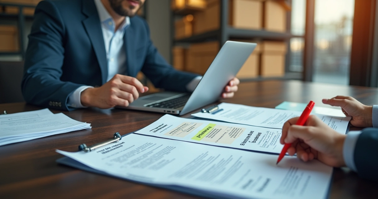 Gestor de PME revisando notas fiscais e pedidos em mesa de reunião 