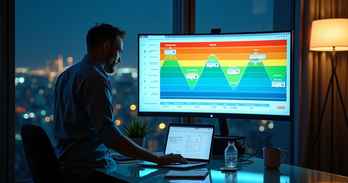 Gestor ajustando pipeline em tela de CRM com funil de vendas colorido 