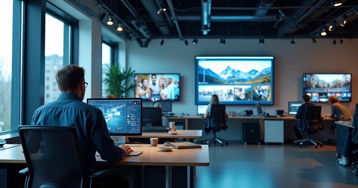 Gestor de comunicação revisando vídeos em painel digital 
