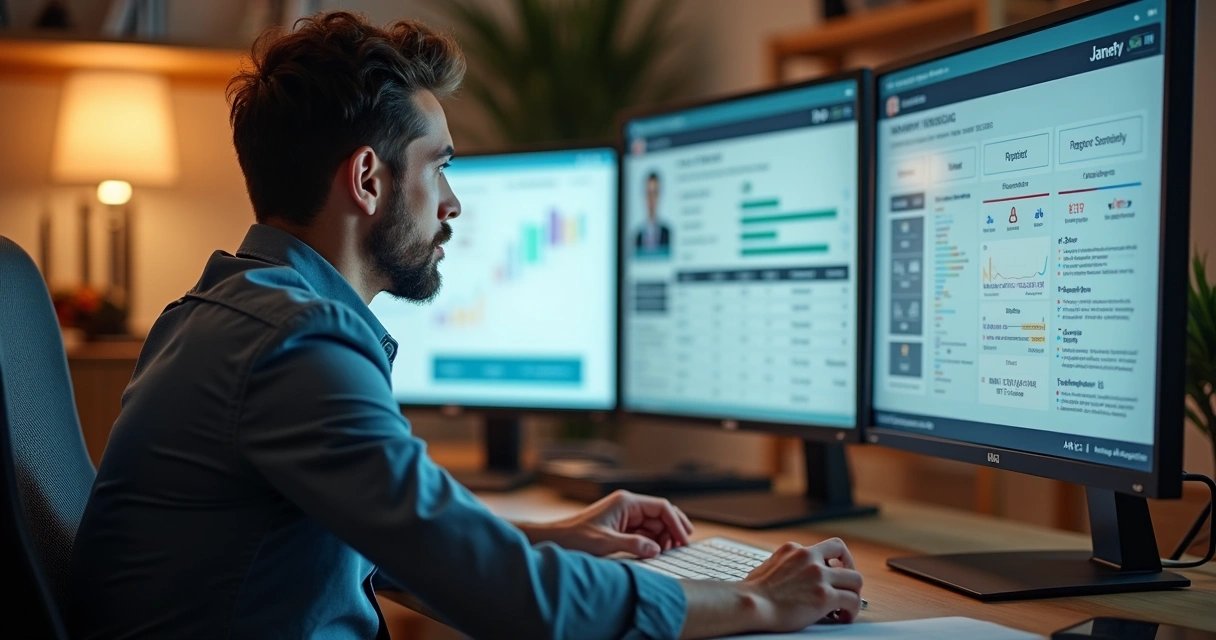 Gestor de RH analisando painéis digitais com currículos 