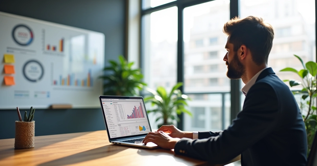 Gestor de RH analisando planilha de crescimento de colaboradores em escritório moderno 