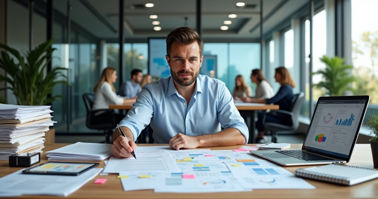 Gestor de RH em escritório dividido entre tarefas operacionais e planejamento estratégico 