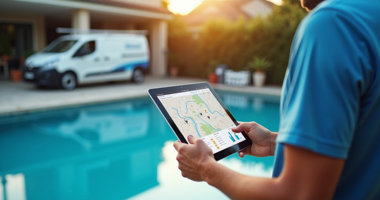 Gestor de empresa de manutencão de piscinas planejando rota em tablet à beira da piscina 