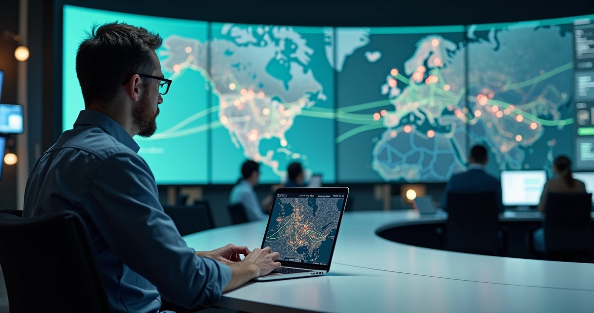 Gestor de frota analisando mapa digital com rotas destacadas em tela gigante 