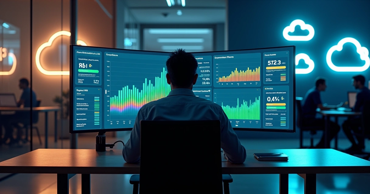 Gestor de SaaS avaliando painel dividido entre novas vendas e expansao de clientes 