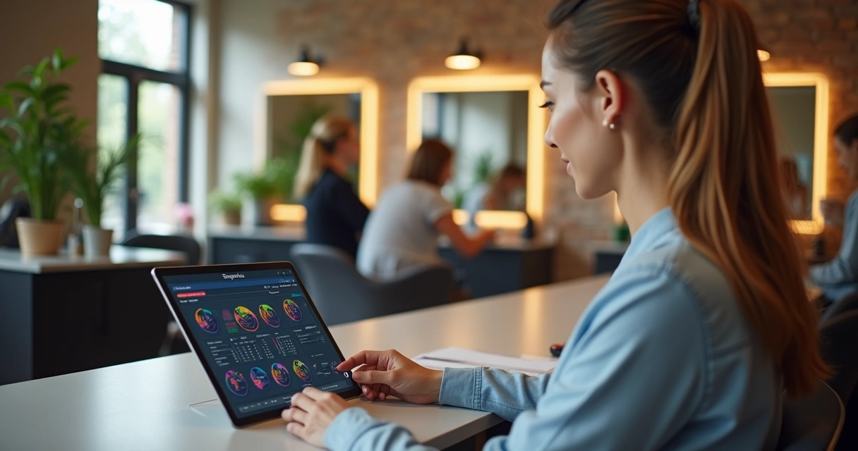 Gestor usando plataforma digital em tablet no salão de beleza moderno, com equipe trabalhando ao fundo 