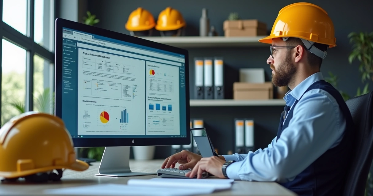 Técnico de segurança do trabalho analisando relatórios digitais em computador com tela de dados e gráficos de riscos ocupacionais 