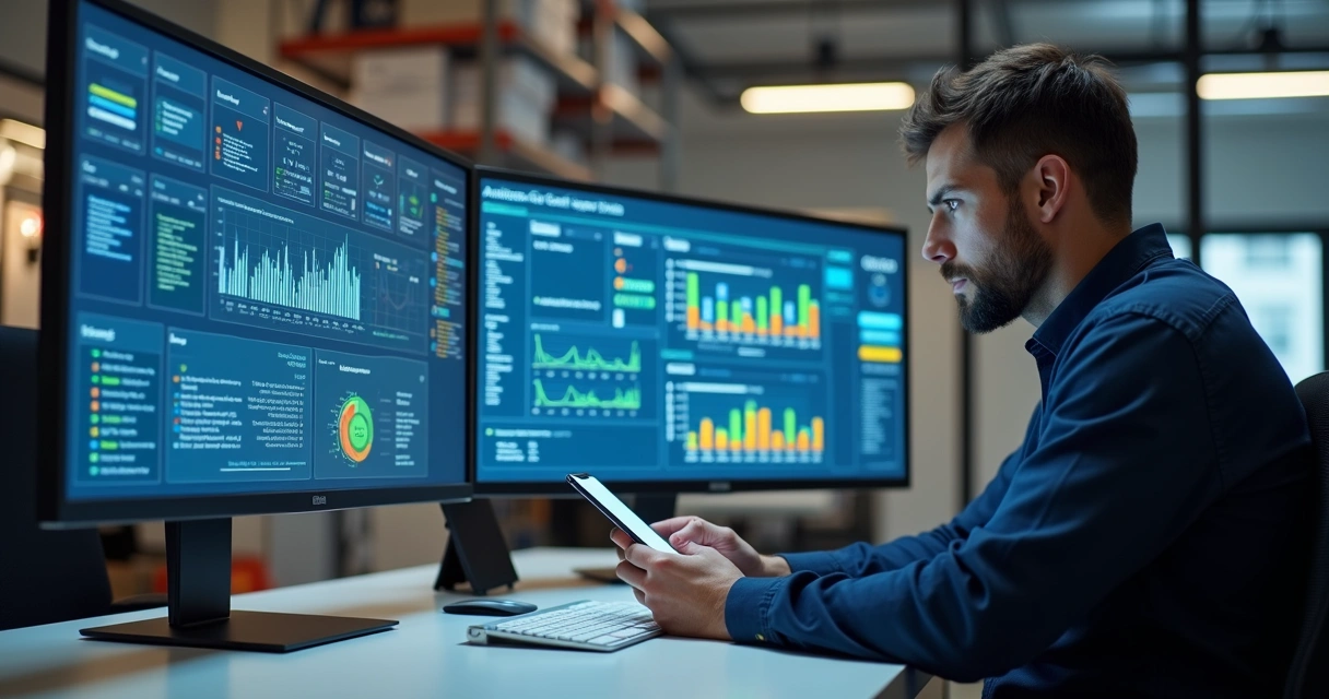 Técnico de segurança sentado em mesa moderna com múltiplas telas exibindo relatórios automáticos e gráficos em alta resolução 