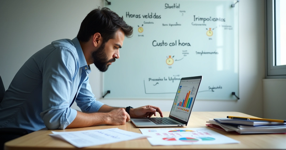 Gestor de serviços analisando custo de hora e capacidade em escritório moderno 
