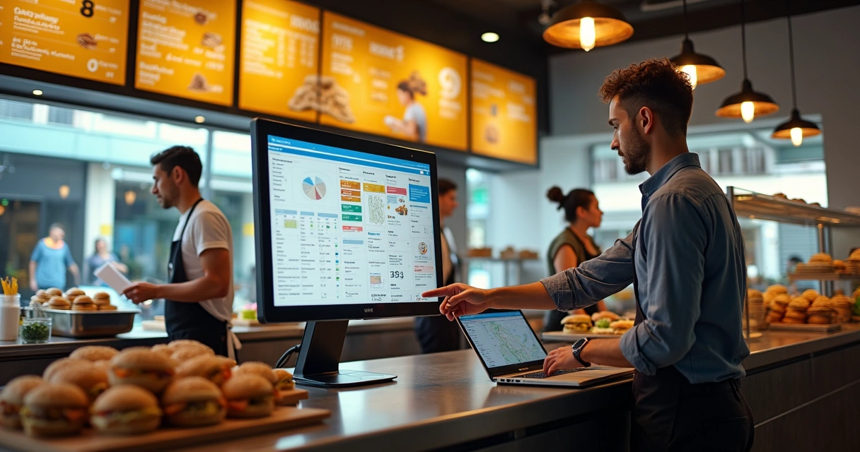 Gestor de lanchonete usando sistema em tela grande enquanto equipe prepara pedidos 