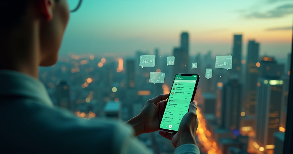Gestor vendo painel organizado de grupos do WhatsApp em smartphone sobre cidade ao fundo 