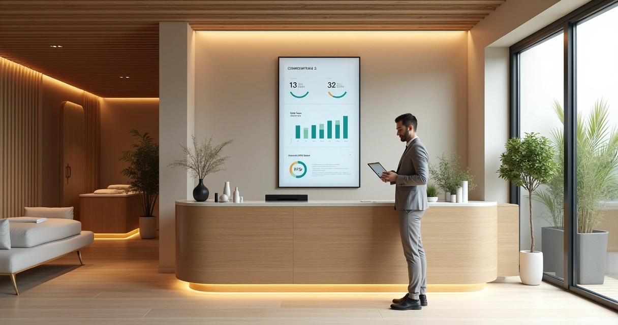 Gestor de spa analisando painel de indicadores atrás da recepção 