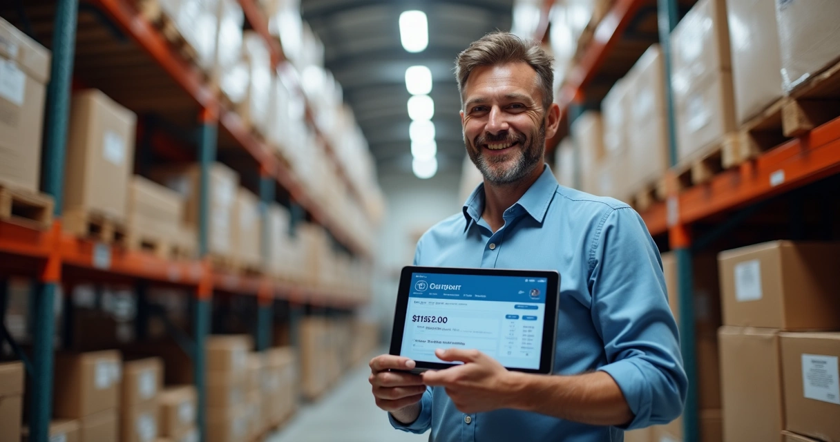 Gestor de estoque usando tablet para monitorar alerta de validade 