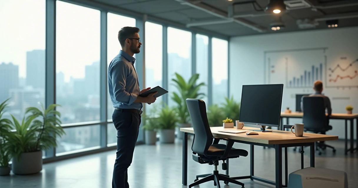 Gestor observa cadeira vazia de profissional que pediu demissão em escritório em crescimento 