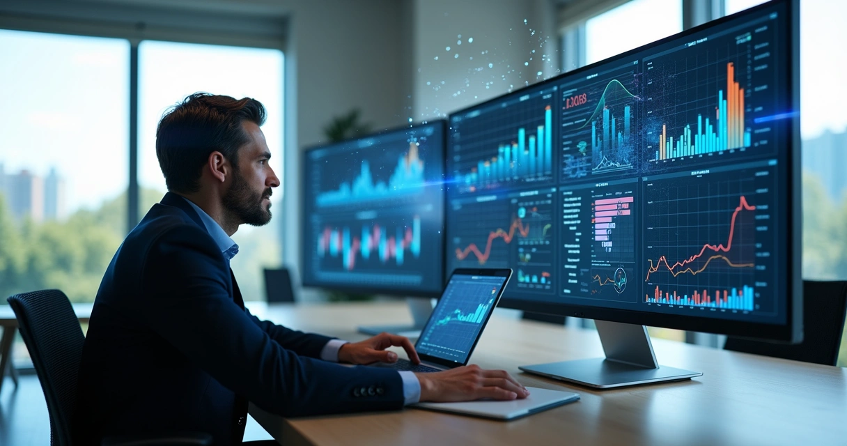 Gestor analisando dados fiscais em múltiplas telas com gráficos e inteligência artificial 