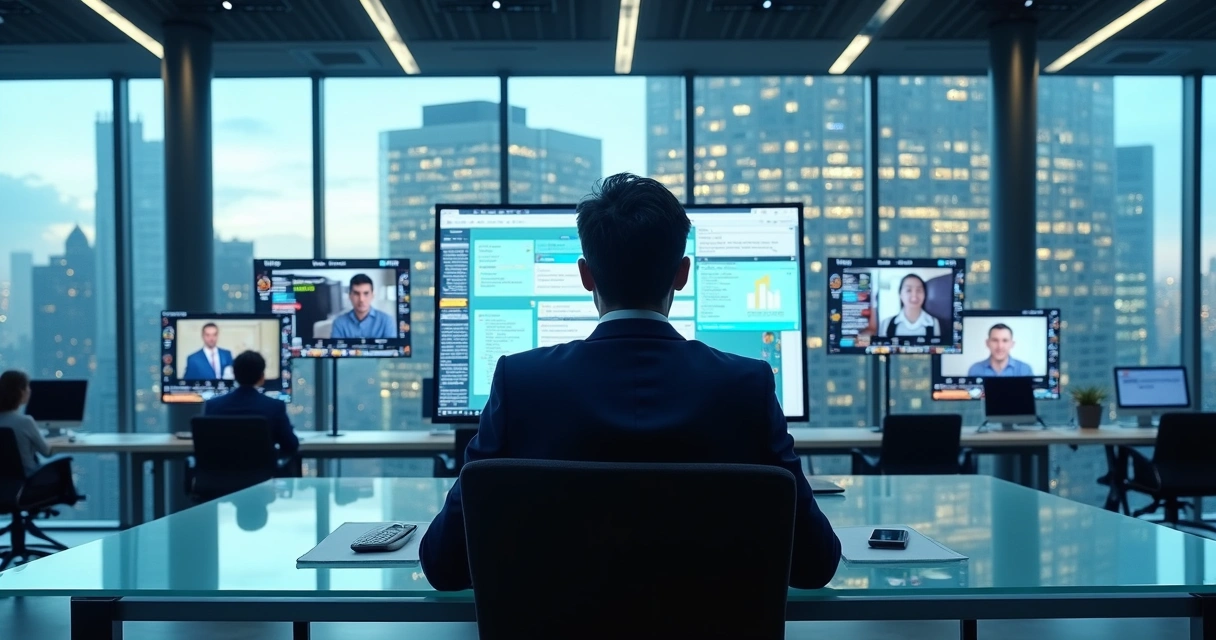 Gestor olhando para várias telas digitais no escritório central moderno 