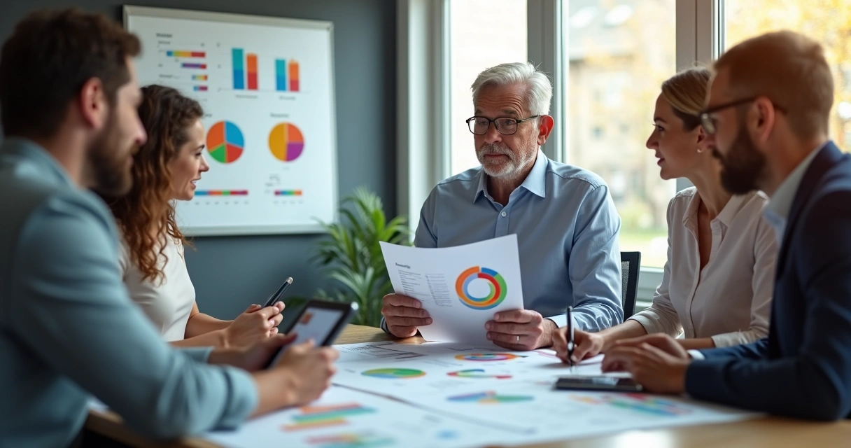 Gestor de vendas reunido com equipe analisando propostas comerciais em uma mesa, mostrando gráficos comparativos 