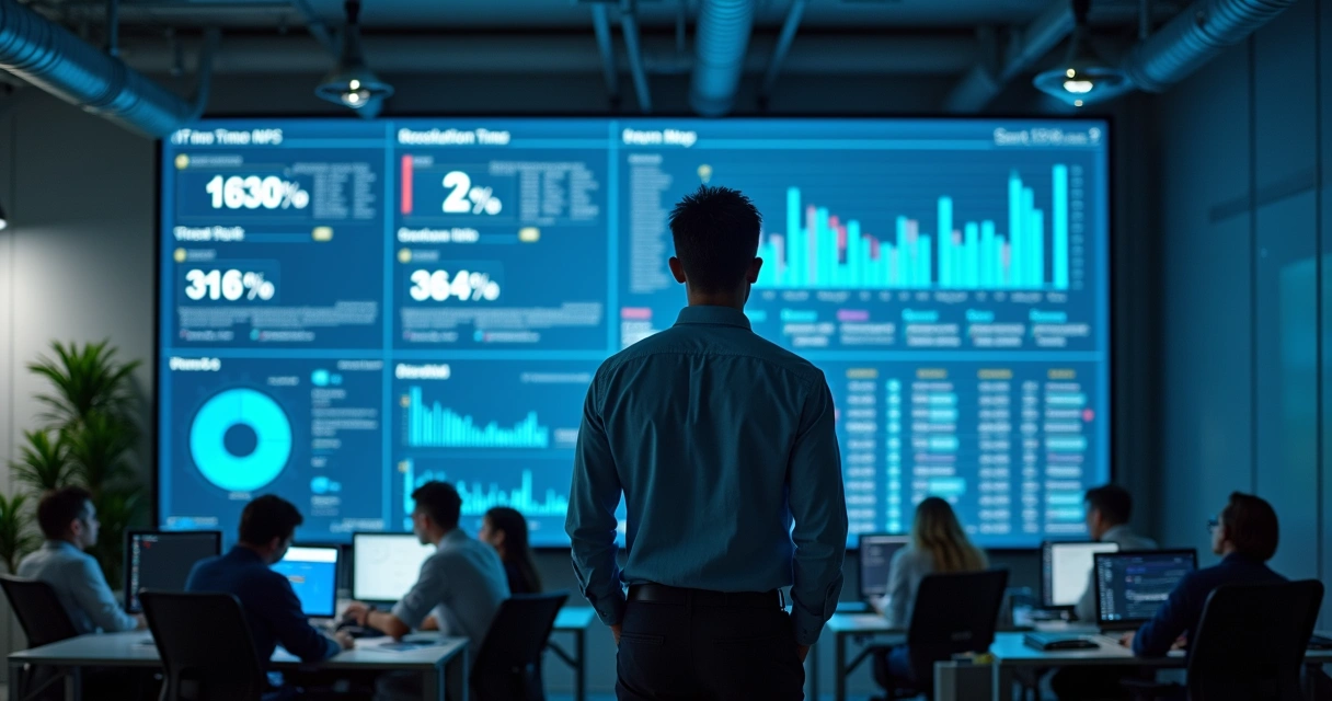 Gestor de TI avaliando indicadores em dashboard digital 