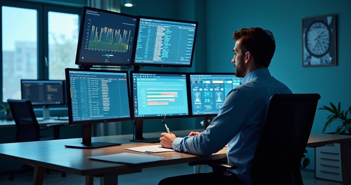 Gestor de TI analisando alertas de segurança em vários monitores 