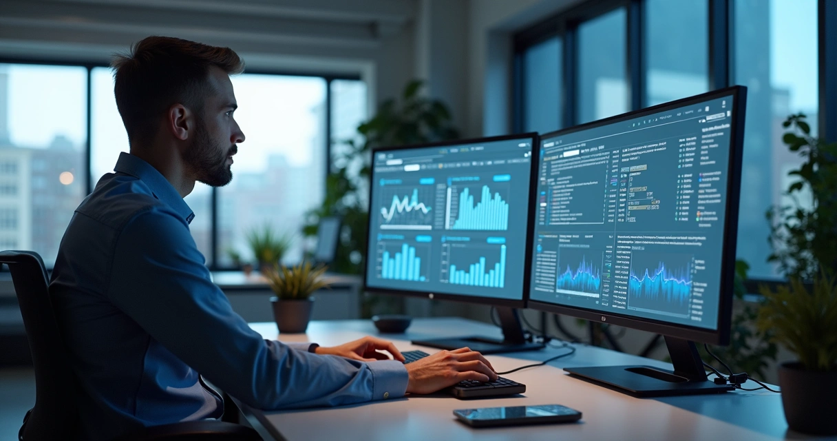 Profissional de TI em escritório moderno automatizando atualizações de software no computador 