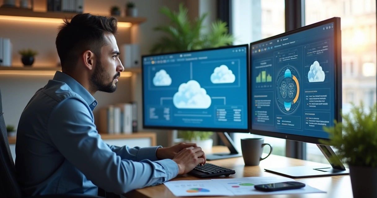 Gestor de TI analisando opções de terceirização na tela de computador 