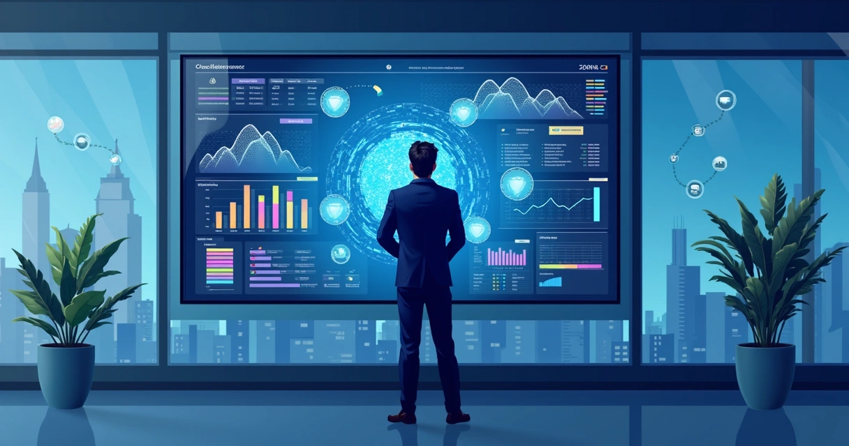 Gestor de TI monitorando firewall em nuvem em painel digital 