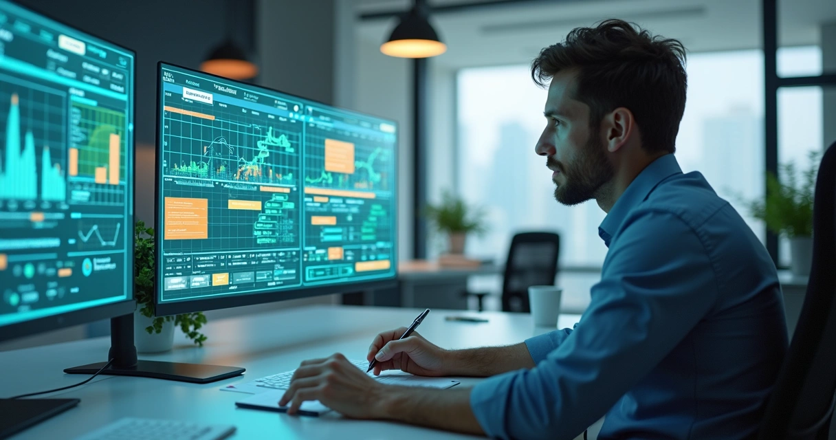 Gestor de TI analisando cronograma e indicadores em múltiplas telas digitais no escritório moderno 