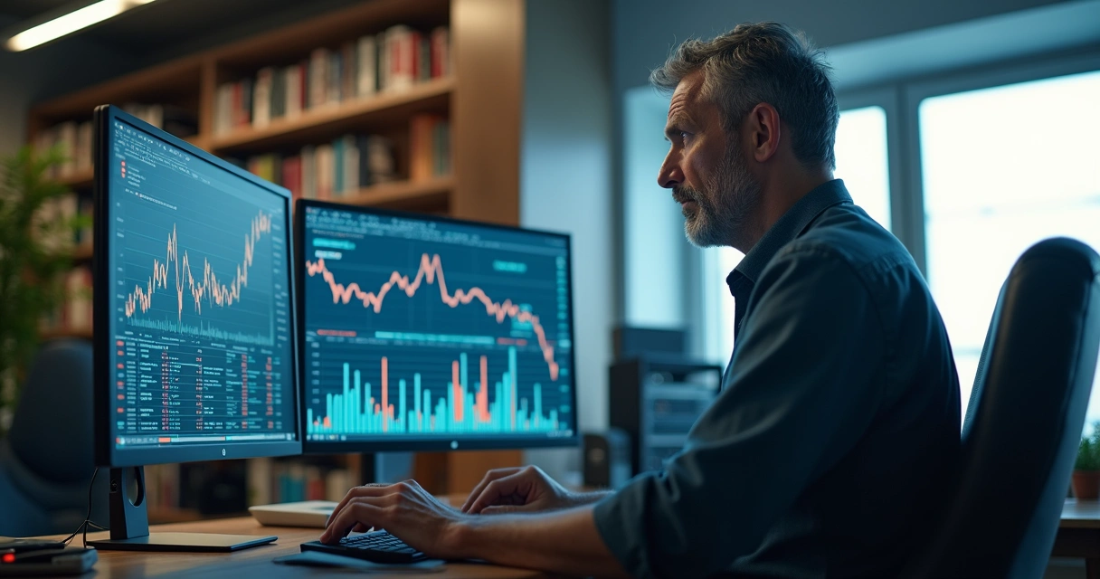 Gestor de TI preocupado olhando para gráficos em tela de computador 