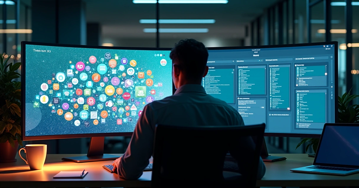 Gestor de TI removendo ícones de SaaS duplicados em painel digital 
