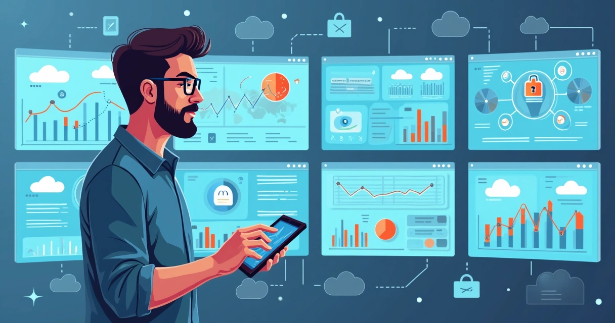 Gestor de TI analisando painéis digitais de segurança