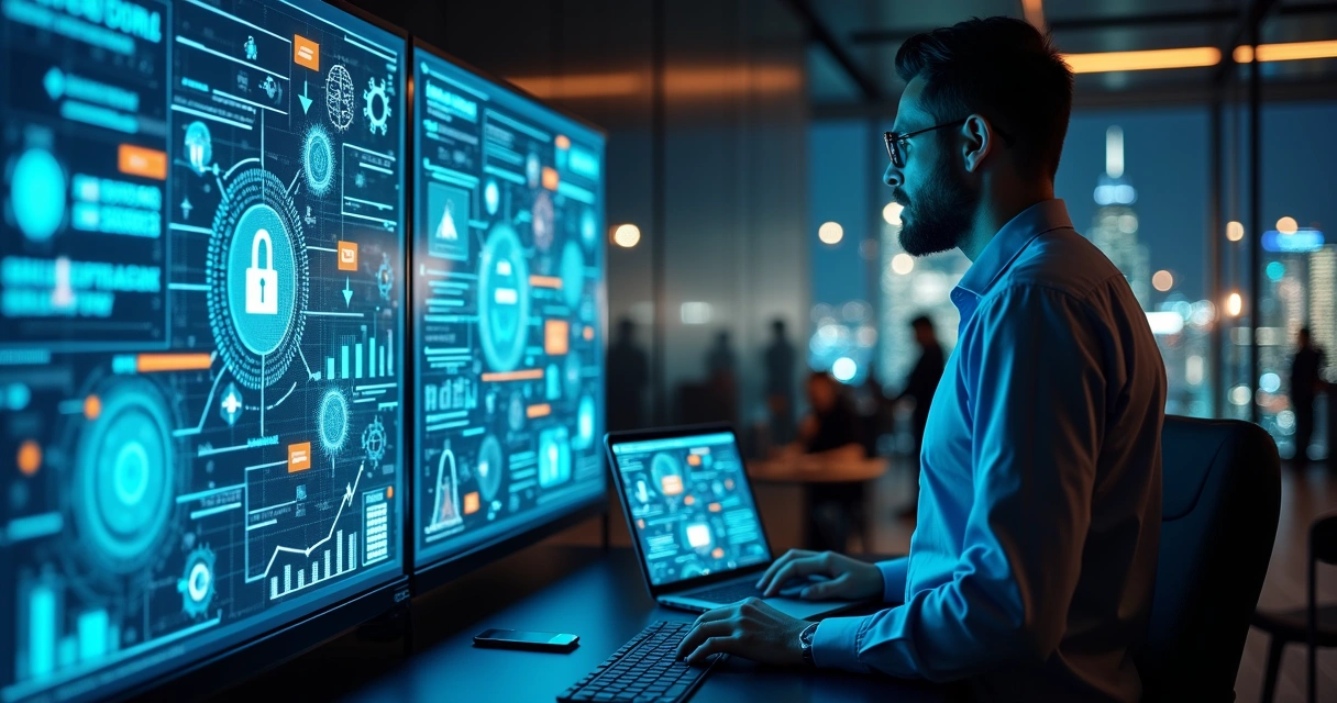 Gestor de TI observando painel digital com ícones de segurança e automação 