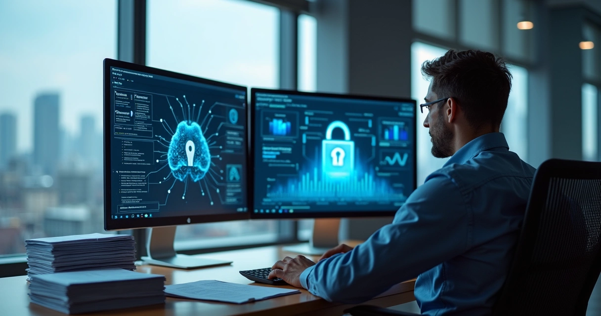 Gestor de TI lendo gráficos e informações sobre IA e segurança