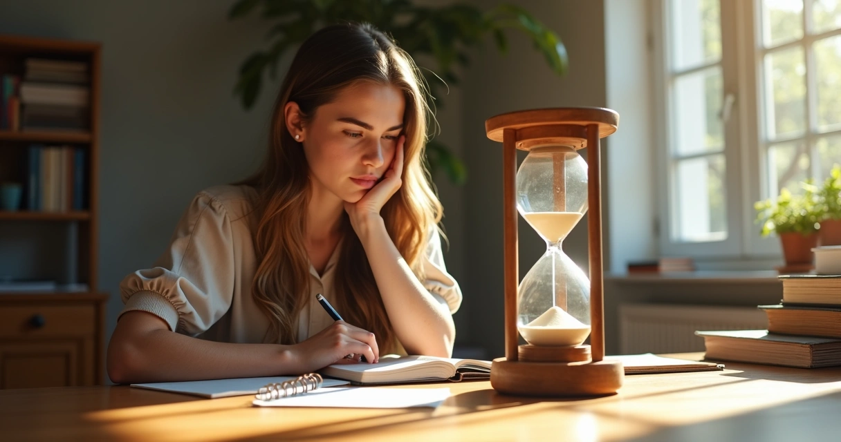 Persona sentada en una mesa observando un reloj de arena gigante, representando cómo percibe el paso del tiempo.