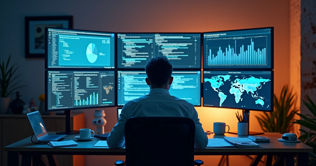 Gestor de TI analisando relatórios digitais na mesa 