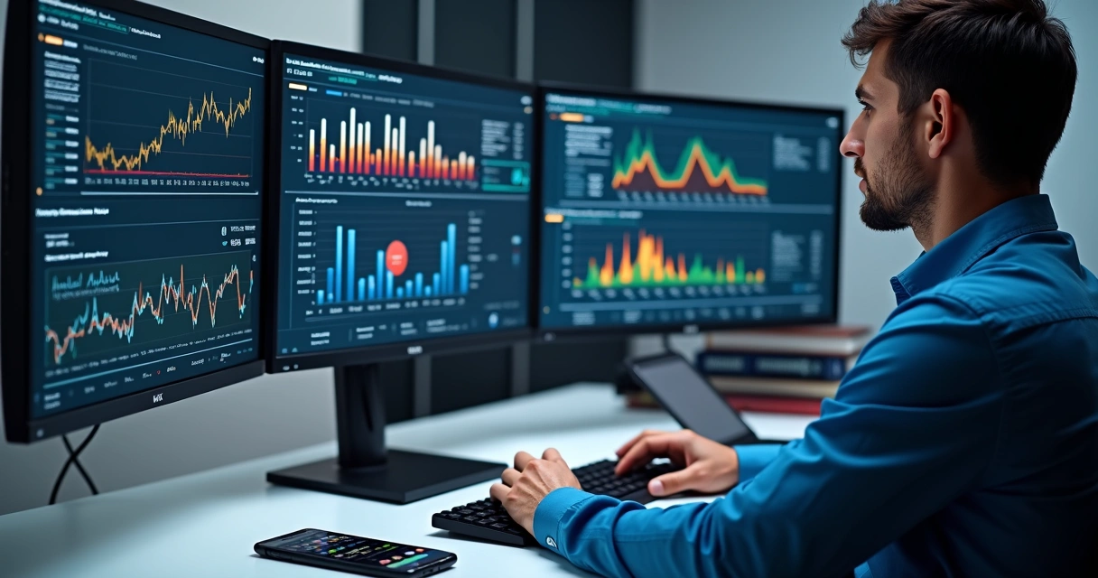 Profissional analisando gráficos de campanhas digitais em múltiplas telas de computador 