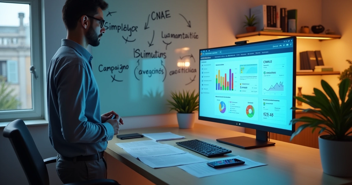 Gestor de tráfego analisando CNAE em painel digital com documentos empresariais 