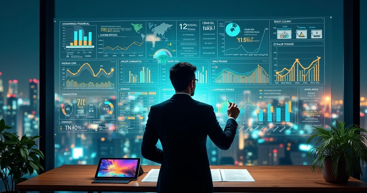 Gestor de tráfego observando projeções financeiras e de campanhas em painel digital 