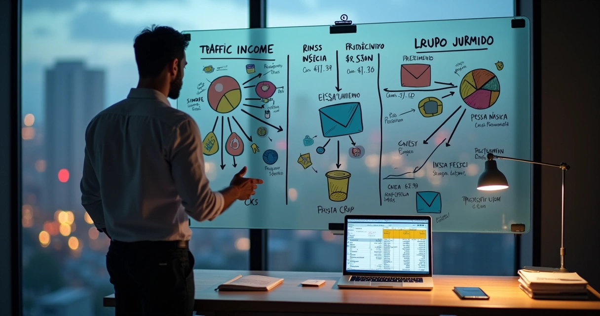 Gestor de tráfego analisando painel digital e planejamento tributário em escritório moderno 