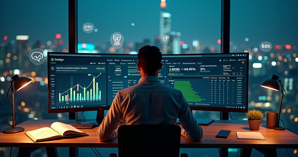 Gestor digital analisando gráficos de impostos em ambiente moderno 