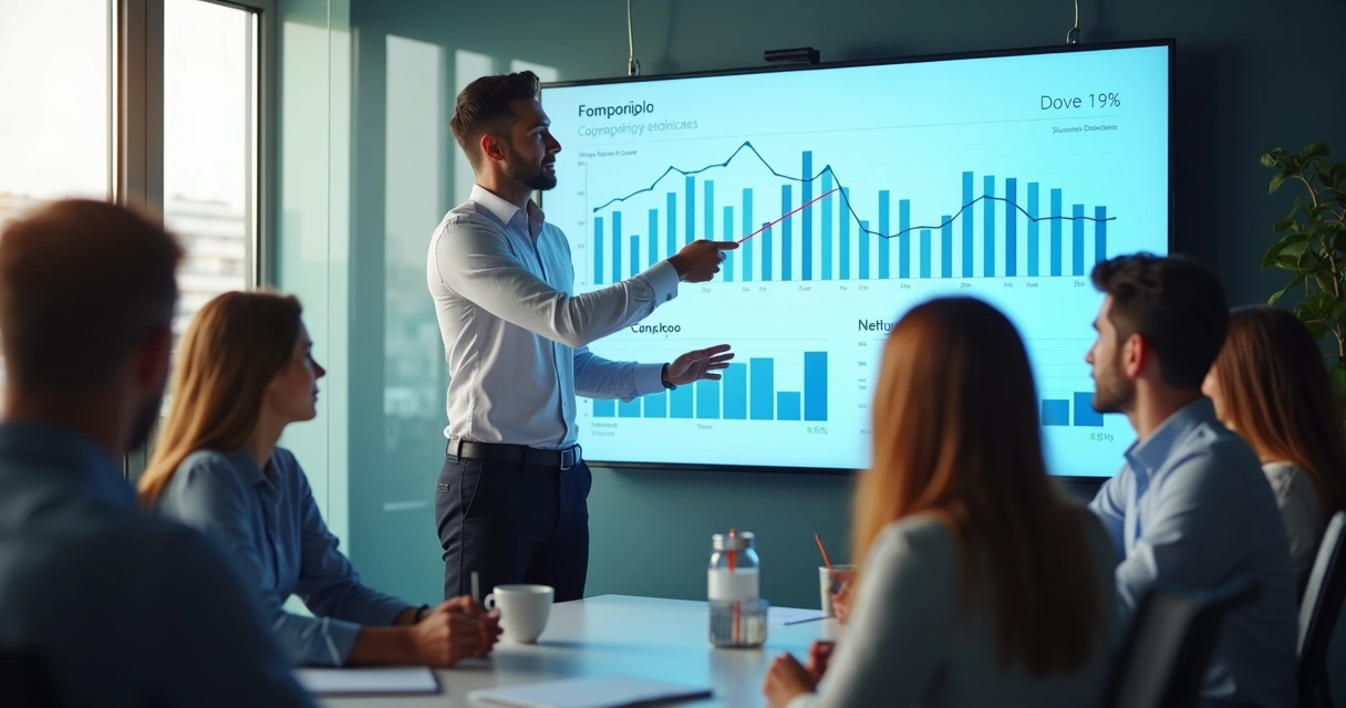 Gestor de tráfego digital em reunião com equipe estratégica analisando gráficos em uma tela grande 