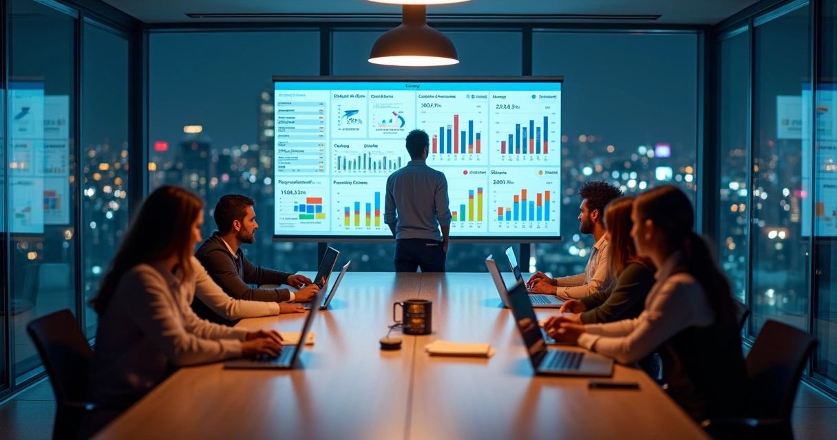Gestor de tráfego em sala de reuniões observando painel digital de campanhas e ganhos 