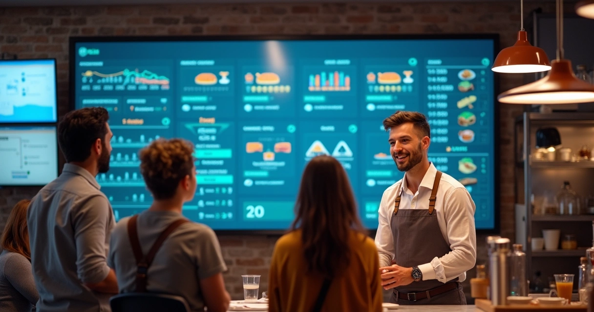 Gestor de restaurante utilizando painel digital com equipe observando 