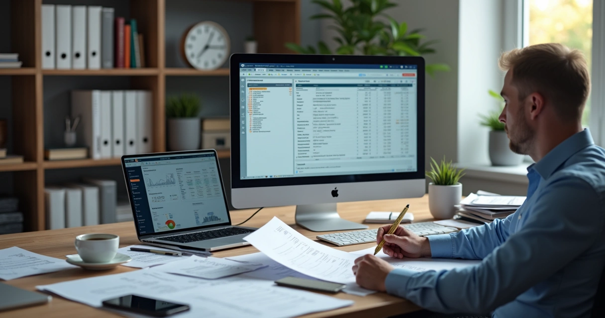 Gestor tributário conferindo documentos fiscais e computador com sistemas de apuração de impostos 