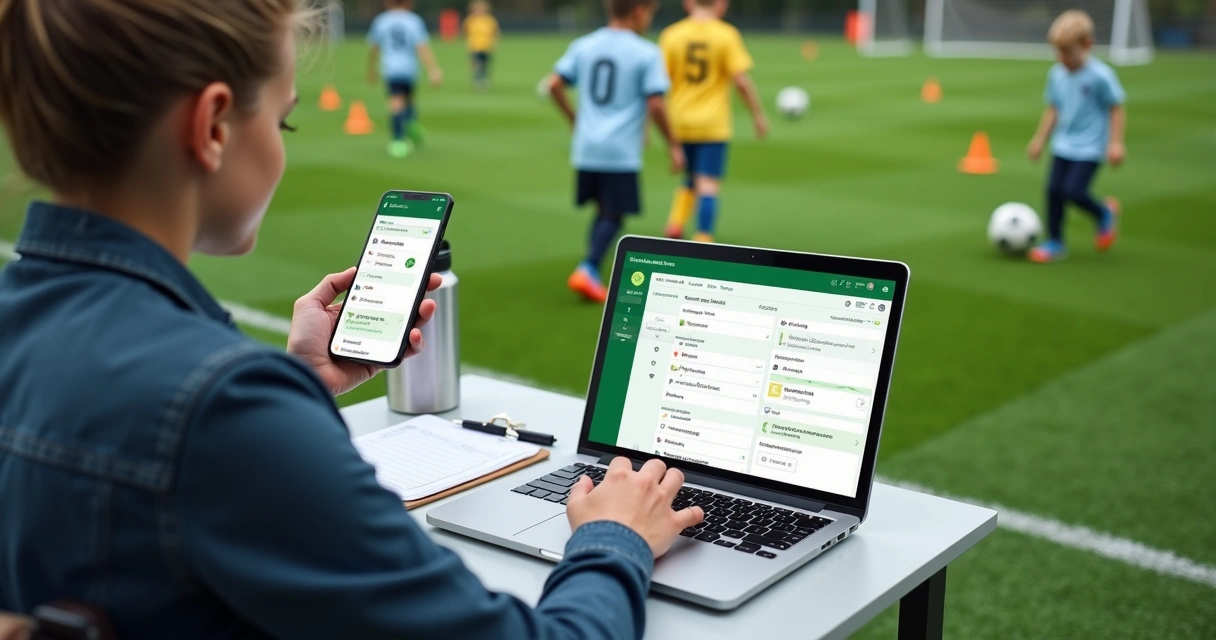 Gestor de escola de futebol usando aplicativo de gestão no celular ao lado do campo 