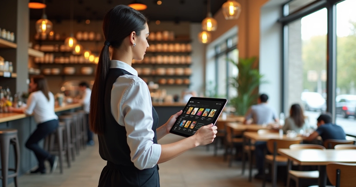 Pessoa usando tablet com cardápio digital e controle de estoque em restaurante moderno 
